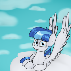 Size: 1000x1000 | Tagged: safe, artist:chibadeer, imported from derpibooru, oc, oc only, oc:rainy, pegasus, pony, cloud, looking at you, lying, male, on a cloud, smiling, solo, spread wings, stallion, wings