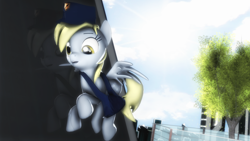 Size: 3840x2159 | Tagged: safe, artist:selestlight, imported from derpibooru, derpy hooves, pegasus, pony, 3d, city, female, flying, hat, mailbag, mailmare, mare, solo, source filmmaker, tree