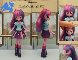 Size: 1023x781 | Tagged: safe, artist:shiveringcanvas, imported from derpibooru, twilight sparkle, equestria girls, book, bowtie, clothes, custom, customized toy, irl, leg warmers, library, photo, pony eyes, shoes, skirt, toy