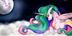 Size: 1280x647 | Tagged: safe, artist:colourssx, imported from derpibooru, princess celestia, alicorn, pony, cloud, crying, female, mare in the moon, moon, night, solo