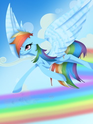 Size: 1600x2133 | Tagged: safe, artist:rdfandrawer102, imported from derpibooru, rainbow dash, pegasus, pony, female, flying, rainbow, sky, solo