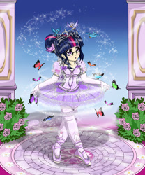 Size: 2500x3000 | Tagged: safe, artist:avchonline, imported from derpibooru, sci-twi, twilight sparkle, bird, butterfly, human, equestria girls, ballerina, ballet, ballet slippers, blushing, canterlot royal ballet academy, clothes, cute, dress, engrish in the description, evening gloves, female, flower, glasses, gloves, hello kitty, humanized, jewelry, long gloves, magic, pantyhose, rose, sanrio, solo, sparkles, tiara, tutu, twiabetes