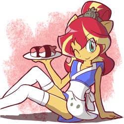 Size: 900x900 | Tagged: safe, artist:rvceric, imported from derpibooru, sunset shimmer, equestria girls, alternate hairstyle, apron, breasts, clothes, cute, delicious flat chest, doll, equestria girls minis, eyes closed, female, food, happi, legs, looking at you, one eye closed, ponied up, serving tray, shimmerbetes, sitting, smiling, socks, solo, sunset sushi, sushi, thigh highs, thighs, toy, toy interpretation, wink