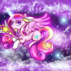 Size: 2000x2000 | Tagged: safe, artist:php23, deleted from derpibooru, imported from derpibooru, princess cadance, alicorn, pony, bowtie, clothes, crossover, glowing horn, socks, solo, space, staff, starry eyes, wingding eyes