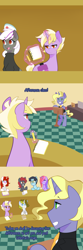 Size: 1280x3840 | Tagged: safe, artist:senseidezzy, deleted from derpibooru, imported from derpibooru, imported from ponybooru, dinky hooves, ponet, splash panel, oc, oc:liatris blossomheart, pony, aero replies, bag, classroom, clothes, comic, comic geek pony, daughter, father, father and child, father and daughter, female, glowing horn, hat, horn, lecture hall, levitation, magic, male, necktie, nervous, notebook, nurse hat, older, pencil, ponerpics import, saddle bag, suit, sweat, telekinesis, tumblr