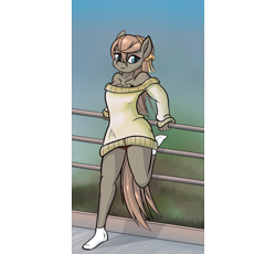 Size: 900x829 | Tagged: safe, artist:lockersnap, imported from derpibooru, oc, oc only, oc:cait fios, anthro, plantigrade anthro, clothes, socks, solo, sweater