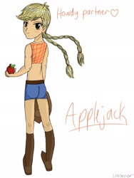 Size: 1536x2048 | Tagged: safe, artist:psshdjndofnsjdkan, imported from derpibooru, applejack, human, alternate hairstyle, apple, applebutt, clothes, daisy dukes, female, food, humanized, midriff, pigtails, shorts, solo