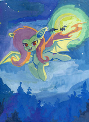 Size: 803x1100 | Tagged: safe, artist:lexx2dot0, artist:maytee, imported from derpibooru, fluttershy, bat, bat pony, pony, collaboration, female, flutterbat, flying, forest, full moon, gouache, looking at you, mare, moon, night, open mouth, outdoors, red eyes, scenery, solo, spread wings, stars, traditional art, tree, wings