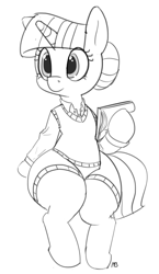 Size: 1115x1920 | Tagged: safe, artist:pabbley, imported from derpibooru, twilight sparkle, pony, alternate hairstyle, bipedal, clothes, female, grayscale, hair bun, monochrome, notepad, simple background, sitting, socks, solo, sweater, thigh highs, thighlight sparkle, thunder thighs, white background, wide hips