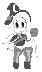 Size: 1139x1920 | Tagged: safe, artist:pabbley, imported from derpibooru, fluttershy, pony, bipedal, clothes, female, grayscale, hat, mage, monochrome, shirt, simple background, socks, solo, staff, striped socks, white background, witch hat