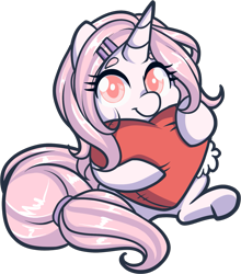 Size: 1411x1603 | Tagged: safe, artist:xwhitedreamsx, imported from derpibooru, oc, oc only, oc:blending heart, pony, unicorn, colored pupils, cute, female, heart, heart pillow, mare, pillow, simple background, sitting, solo, transparent background, underhoof