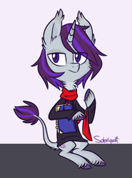 Size: 600x810 | Tagged: safe, artist:flourret, imported from derpibooru, oc, oc only, oc:sobriquet, pony, unicorn, book, clothes, colored pupils, female, mare, scarf, sitting, solo, sweater