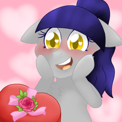 Size: 1000x1000 | Tagged: safe, artist:ask-sonatadusk, imported from derpibooru, oc, oc only, oc:fruity blossom, earth pony, pony, :d, abstract background, blushing, chest fluff, chocolate, colored pupils, female, floppy ears, flower, food, happy, heart, heart eyes, implied shipping, mare, open mouth, ponytail, rose, smiling, solo, valentine's day, wingding eyes