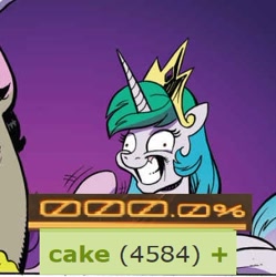 Size: 391x393 | Tagged: safe, artist:andypriceart, edit, editor:watermelon changeling, idw, imported from derpibooru, accord, discord, princess celestia, starlight glimmer, alicorn, pony, unicorn, chaos theory (arc), spoiler:comic, spoiler:comic50, 0, 200% mad, accord (arc), boop, cake, cakelestia, conclusion: and chaos into the order came, derp, expand dong, exploitable meme, faic, floppy ears, food, gradient background, grin, insanity, meme, shrunken pupils, smiling, snaplestia, stepford smiler, waving, wide eyes