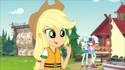 Size: 1200x675 | Tagged: safe, imported from derpibooru, screencap, applejack, bon bon, lyra heartstrings, sweetie drops, equestria girls, legend of everfree, clothes, converse, cute, jackabetes, shoes