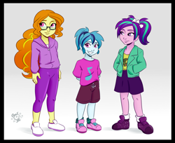 Size: 1280x1047 | Tagged: safe, artist:ponut_joe, imported from derpibooru, adagio dazzle, aria blaze, sonata dusk, equestria girls, alternate hairstyle, arm behind back, clothes, female, glasses, grin, hand in pocket, hands in pockets, hoodie, jacket, looking at you, nerddagio, pants, pigtails, ponytail, running shoes, shirt, shoes, shorts, simple background, skirt, smiling, the dazzlings, white background, younger, zipper