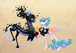 Size: 2369x1658 | Tagged: safe, artist:australian-senior, imported from derpibooru, princess celestia, oc, oc:arlon invictus, alicorn, draconequus, kirin, pony, kirindos, alternate universe, announcer (portal), blushing, bouquet, canon x oc, colored hooves, crossover, draconequified, heart, leonine tail, male, portal, portal (valve), portal 2, race swap, shipping, simple background, species swap, straight, unshorn fetlocks