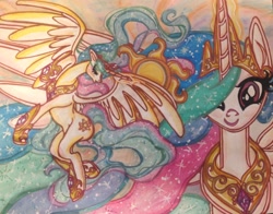 Size: 2298x1806 | Tagged: safe, artist:neptunestears, imported from derpibooru, princess celestia, pony, female, flying, looking at you, solo, traditional art