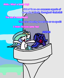 Size: 2222x2698 | Tagged: safe, artist:toothpastethy, imported from derpibooru, princess celestia, princess luna, alicorn, pony, balcony, bipedal, cute, cutelestia, eyes closed, sillestia, silly, too dumb to live, trollestia, yelling