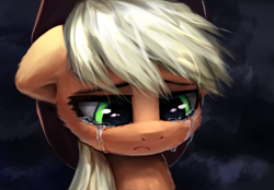 Size: 1551x1080 | Tagged: safe, artist:inowiseei, imported from derpibooru, applejack, pony, cowboy hat, crying, female, hat, looking down, sad, solo, stetson