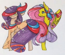 Size: 1024x874 | Tagged: safe, artist:oneiria-fylakas, imported from derpibooru, fluttershy, oc, oc only, oc:kitty sweetie, earth pony, pegasus, pony, clothes, colored pupils, dress, duo, female, mare, ribbon, traditional art