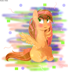 Size: 2152x2307 | Tagged: safe, artist:asika-aida, imported from derpibooru, oc, oc only, oc:j.j., pegasus, pony, colored pupils, commission, cute, female, looking back, mare, multicolored hair, open mouth, sitting, smiling, solo