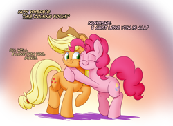 Size: 1500x1100 | Tagged: safe, artist:heir-of-rick, imported from derpibooru, applejack, pinkie pie, pony, daily apple pony, abstract background, colored pupils, cowboy hat, cute, dialogue, duo, eyes closed, female, free hugs, friendshipping, gradient background, hat, hug, one eye closed, pinkie being pinkie, raised hoof, simple background