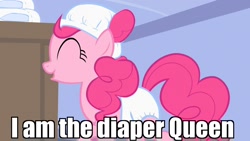 Size: 1280x720 | Tagged: safe, edit, edited screencap, imported from derpibooru, screencap, pinkie pie, pony, baby cakes, diaper, diaper on head, eyes closed, female, image macro, meme, non-baby in diaper, outfit catalog, raised hoof, smiling, solo, sugarcube corner