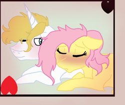 Size: 714x600 | Tagged: safe, artist:pictureheart, imported from derpibooru, fluttershy, prince blueblood, blueshy, blushing, female, male, shipping, straight, tired
