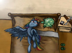 Size: 1052x770 | Tagged: safe, artist:athlete-grizzle, imported from derpibooru, rainbow dash, tank, pegasus, pony, bed, on back