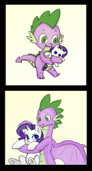 Size: 1217x2259 | Tagged: safe, artist:cabrony, artist:kianamai, color edit, edit, imported from derpibooru, rarity, spike, dragon, pony, castle sweet castle, 2 panel comic, :t, colored, comic, crush plush, cute, eyeshadow, female, holding a pony, hug, makeup, male, older, older spike, petting, pouting, raribetes, rarity is not amused, rarity plushie, scrunchy face, shipping, size difference, smiling, sparity, spikabetes, spread wings, straight, unamused, underhoof, winged spike, wings