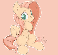 Size: 2077x1950 | Tagged: safe, artist:ando, imported from derpibooru, fluttershy, pony, colored pupils, cute, ear fluff, female, haunches, looking at you, looking sideways, open mouth, pink background, raised hoof, shyabetes, signature, simple background, sitting, solo, spread wings, wing fluff