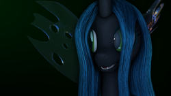 Size: 2560x1440 | Tagged: safe, artist:thelunagames, imported from derpibooru, queen chrysalis, changeling, changeling queen, 3d, cinema 4d, female, open mouth, simple background, smiling, solo