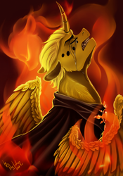 Size: 2800x4000 | Tagged: safe, artist:das_leben, imported from derpibooru, oc, oc only, oc:hairwhite, alicorn, pony, absurd resolution, alicorn oc, crossover, crying, disney, eyes closed, fire, hellfire, hunchback of notre dame, male, signature, solo, stallion, the hunchback of notre dame