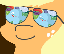 Size: 502x428 | Tagged: safe, artist:threetwotwo32232, imported from derpibooru, applejack, rainbow dash, earth pony, pegasus, pony, appledash, butt, dock, female, glasses, lesbian, looking at butt, looking at her butt, plot, raised tail, reflection, shipping, tail