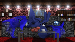 Size: 4000x2250 | Tagged: safe, artist:thelunagames, imported from derpibooru, princess luna, queen chrysalis, twilight sparkle, alicorn, pony, 3d, apple, bookshelf, cinema 4d, computer, couch, cup, female, food, laptop computer, on back, sculpture, solo, teacup, traditional art, twilight sparkle (alicorn)