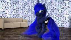 Size: 4000x2250 | Tagged: safe, artist:thelunagames, imported from derpibooru, princess luna, alicorn, pony, 3d, cinema 4d, couch, female, fluffy, raised hoof, smiling, solo