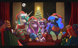 Size: 1919x1196 | Tagged: safe, artist:wynnchi, imported from derpibooru, princess cadance, princess celestia, princess flurry heart, princess luna, twilight sparkle, alicorn, pony, alicorn pentarchy, christmas, christmas lights, christmas tree, clothes, colored pupils, cute, cutedance, cutelestia, flurrybetes, hat, lunabetes, moon, present, santa claus, santa hat, socks, striped socks, tree, twiabetes, twilight sparkle (alicorn)