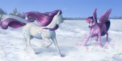 Size: 3720x1860 | Tagged: safe, artist:bluespaceling, imported from derpibooru, rarity, twilight sparkle, alicorn, pony, unicorn, dock, female, hoers, magic, mare, realistic, running, snow, snowball, snowball fight, telekinesis, tongue out, twilight sparkle (alicorn)