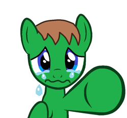 Size: 761x708 | Tagged: safe, imported from derpibooru, oc, oc only, oc:ian, earth pony, pony, crying, looking at you, sad, simple background, solo, underhoof, wavy mouth, white background