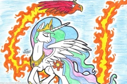 Size: 1024x679 | Tagged: safe, artist:artistnjc, imported from derpibooru, philomena, princess celestia, alicorn, phoenix, pony, colored, colored pencil drawing, duo, eyes closed, female, fire, mare, pet, raised hoof, royalty, simple background, spread wings, traditional art