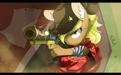Size: 2480x1535 | Tagged: safe, artist:0ndshok, imported from derpibooru, applejack, anthro, clothes, cowgirl, crossover, female, gun, hat, haystick, jesse mccree, mccreejack, overwatch, signature, solo, weapon