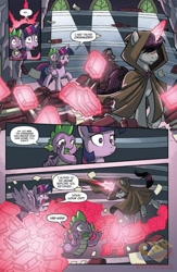 Size: 864x1328 | Tagged: safe, artist:tonyfleecs, idw, imported from derpibooru, shadow lock, spike, twilight sparkle, alicorn, dragon, pony, unicorn, from the shadows, spoiler:comic, spoiler:comic51, cloak, clothes, comic, cropped, female, glowing horn, hidden eyes, library, magic, magic aura, male, mare, official comic, preview, speech bubble, stallion, telekinesis, twilight sparkle (alicorn), twilight's castle, twilight's castle library