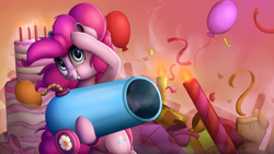 Size: 1920x1080 | Tagged: safe, artist:vanillaghosties, imported from derpibooru, part of a set, pinkie pie, pony, balloon, bipedal, cake, candle, confetti, dessert, female, food, looking at you, party cannon, solo, splash art, wallpaper