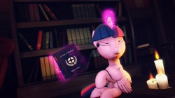 Size: 1280x720 | Tagged: safe, artist:flushthebatsanta, imported from derpibooru, twilight sparkle, alicorn, pony, 3d, book, bookhorse, bookshelf, candle, candlelight, crossed arms, dat face, eyes closed, female, magic, poster, solo, source filmmaker, tongue out, twilight sparkle (alicorn)