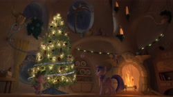 Size: 7680x4320 | Tagged: safe, artist:ig-64, imported from derpibooru, owlowiscious, spike, twilight sparkle, alicorn, dragon, pony, 3d, absurd resolution, christmas tree, fireplace, golden oaks library, hearth's warming, hearth's warming eve, interior, tree, twilight sparkle (alicorn), wallpaper