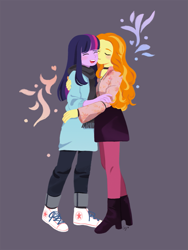 Size: 975x1300 | Tagged: safe, artist:magneticskye, imported from derpibooru, adagio dazzle, twilight sparkle, equestria girls, rainbow rocks, adagilight, blushing, clothes, converse, eyes closed, female, kissing, laughing, lesbian, lineless, open mouth, shipping, shoes, simple background, skirt, teeth