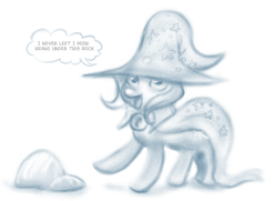 Size: 1200x870 | Tagged: safe, artist:fauxsquared, imported from derpibooru, trixie, pony, unicorn, cape, clothes, dialogue, female, hat, monochrome, open mouth, raised hoof, rock, simple background, smiling, solo, trixie is magic, trixie's cape, trixie's hat, white background