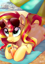 Size: 707x1000 | Tagged: safe, artist:yulyeen, imported from derpibooru, sunset shimmer, pony, unicorn, beach, beach umbrella, both cutie marks, cocktail glass, cute, drink, female, looking up, mare, prone, shimmerbetes, solo, sunglasses, towel