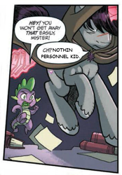 Size: 355x511 | Tagged: safe, artist:tonyfleecs, edit, idw, imported from derpibooru, shadow lock, spike, dragon, pony, unicorn, from the shadows, spoiler:comic, spoiler:comic51, book, cloak, clothes, coldsteel the hedgeheg, cropped, edgy, magic, male, misspelling, nothin personnel kid, scar, speech bubble, stallion, telekinesis